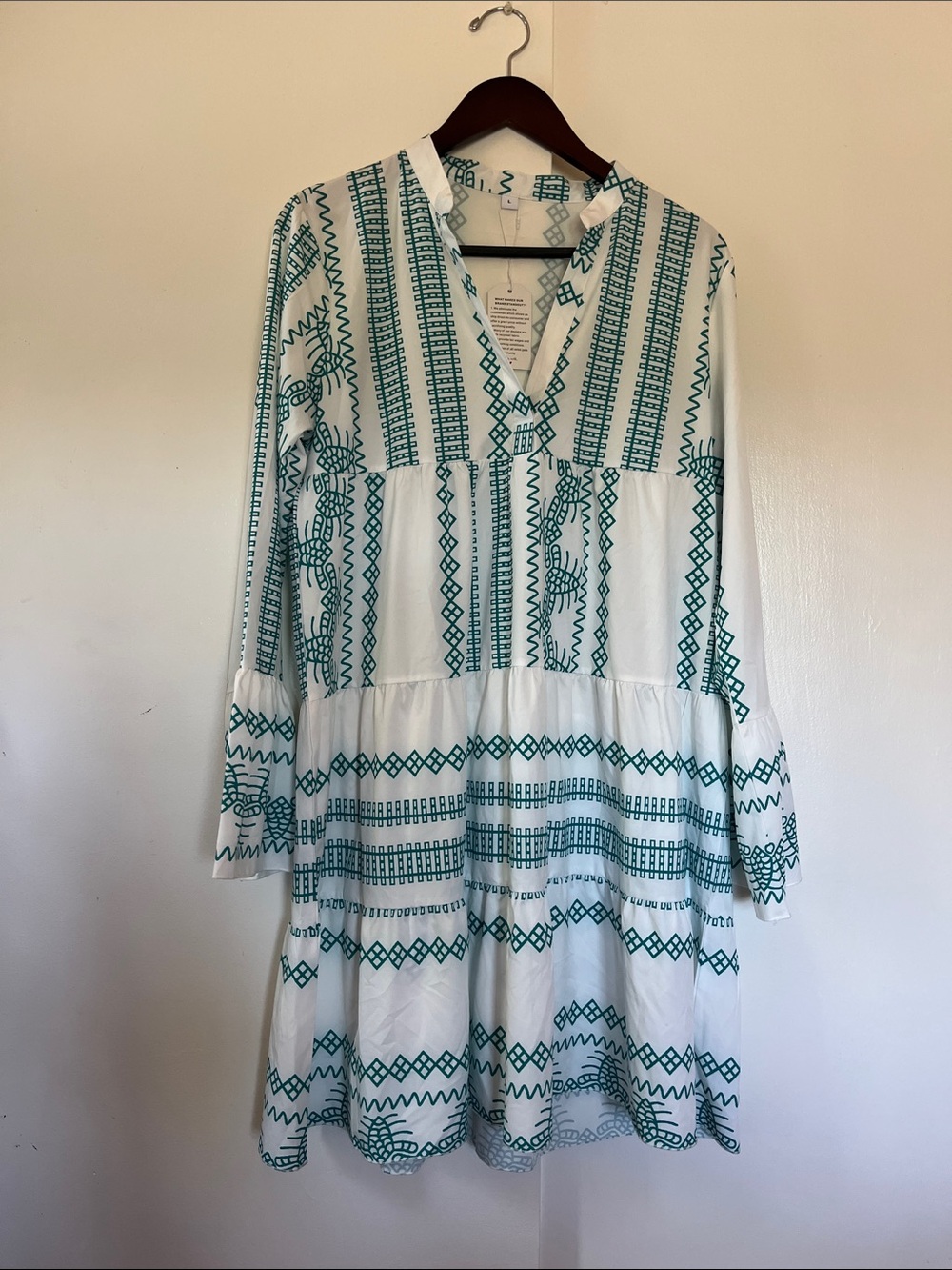 White Long-Sleeve Tiered Dress with Teal Geometric Print